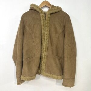 90s Boho Faux Shearling Jacket L Tan Suede Cozy Phoebe Buffay Y2K Coat